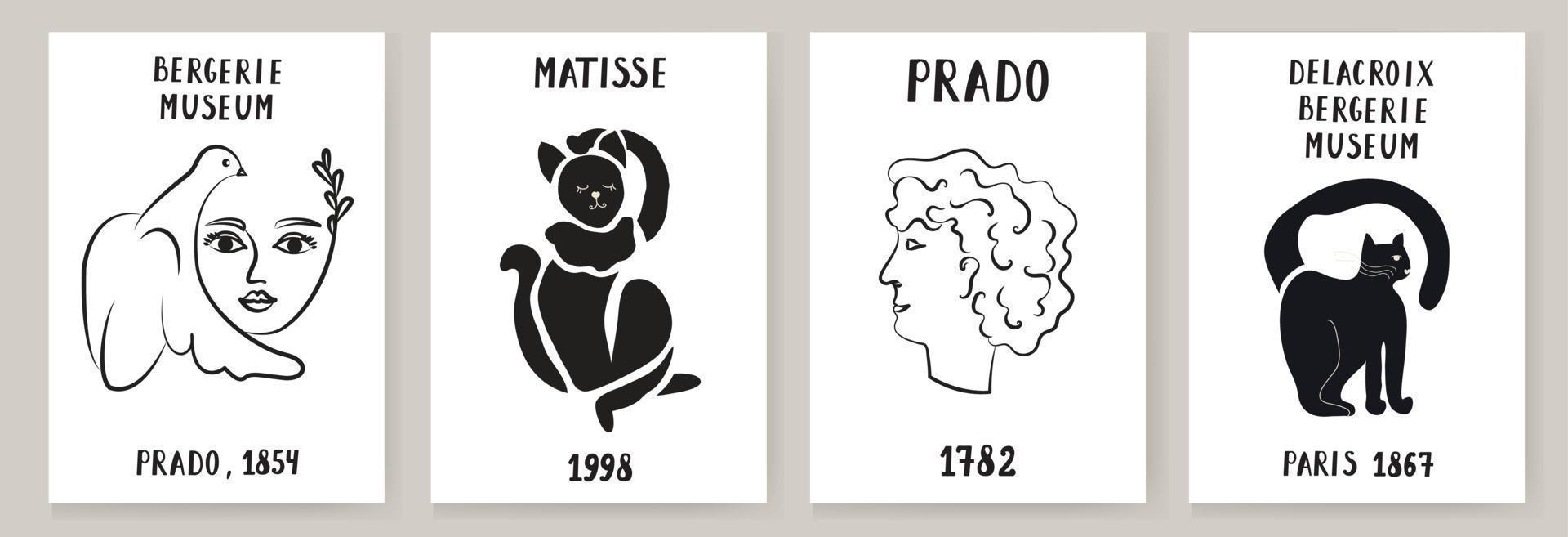 ein abstrakter Satz von Matisse-Postern, die ein abstraktes Gesicht und geometrische Formen darstellen. ästhetische zeitgenössische Kunst, Illustration, Vektor, Poster, Postkarte. vektor