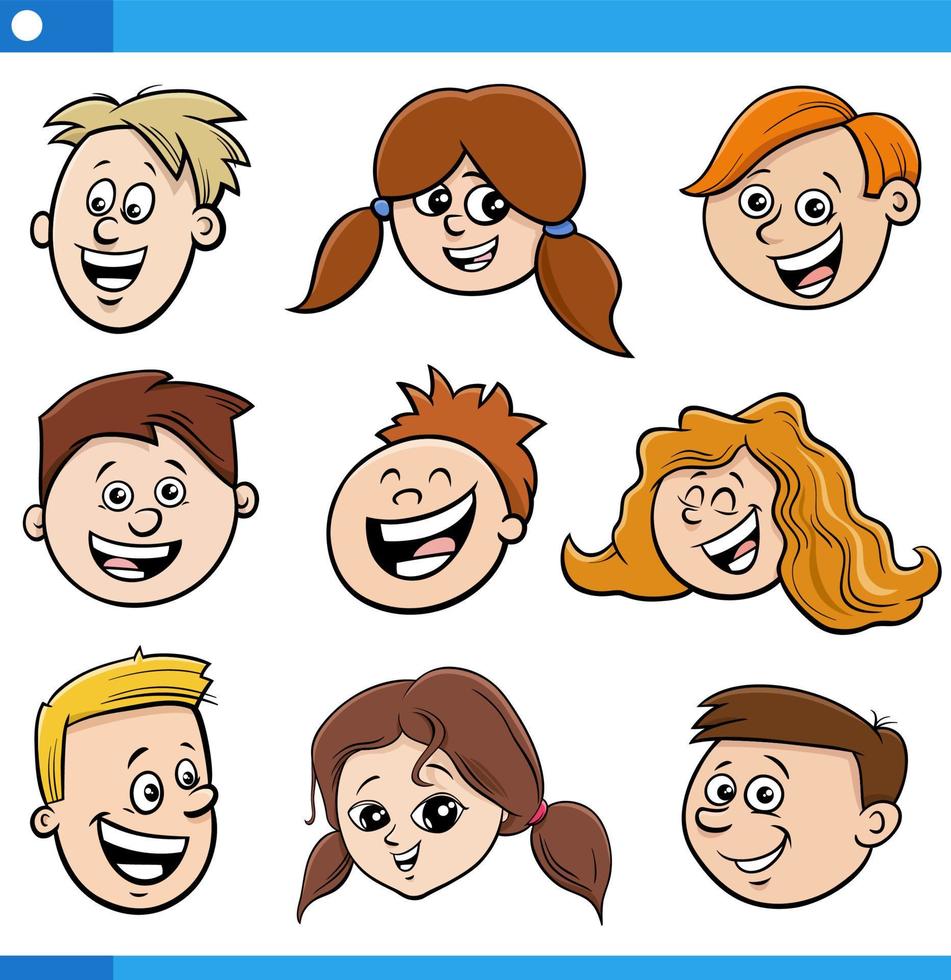 tecknad serie barn och tonåringar tecken ansikten uppsättning vektor