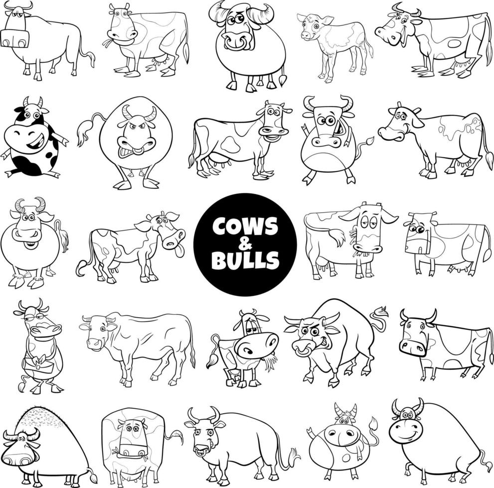 tecknad serie kor och tjurar bruka djur stor uppsättning färg sida vektor