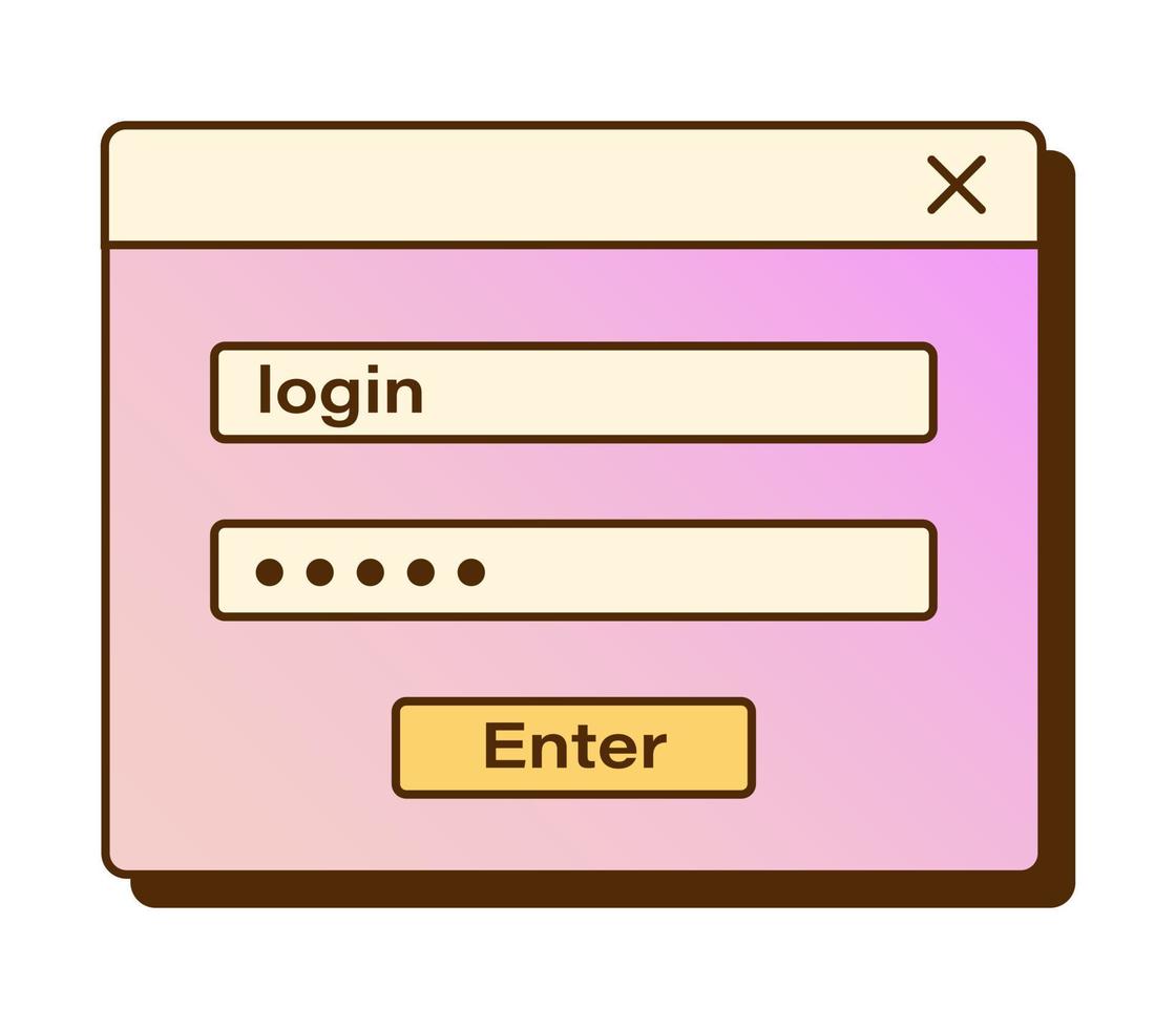 Vektor-Retro-Autorisierungsfenster mit Login- und Passwortfeldern. nostalgisches ui. Gradienten-Dampfwellen-Computerschnittstelle. Genehmigungsvorlage. vektor