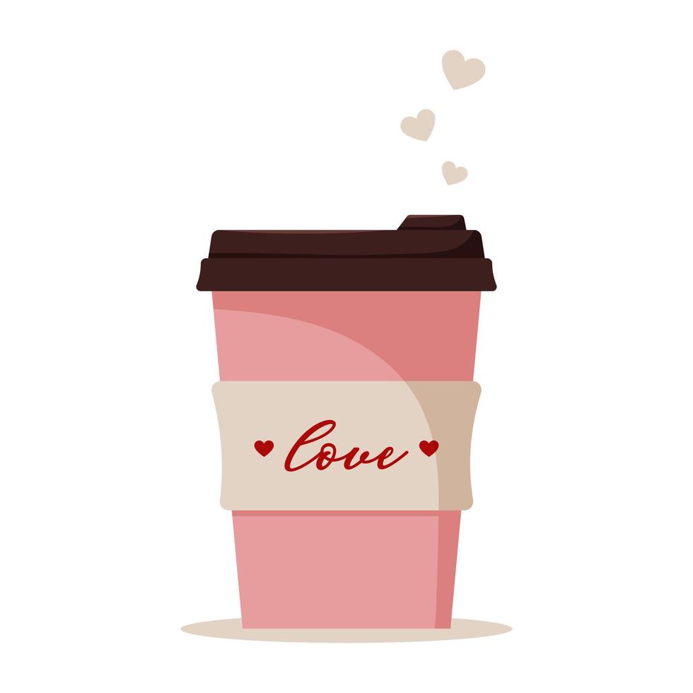 rosa kaffe kopp. disponibel papper eller plast kopp med hjärtans dag design. vektor illustration i platt tecknad serie stil.