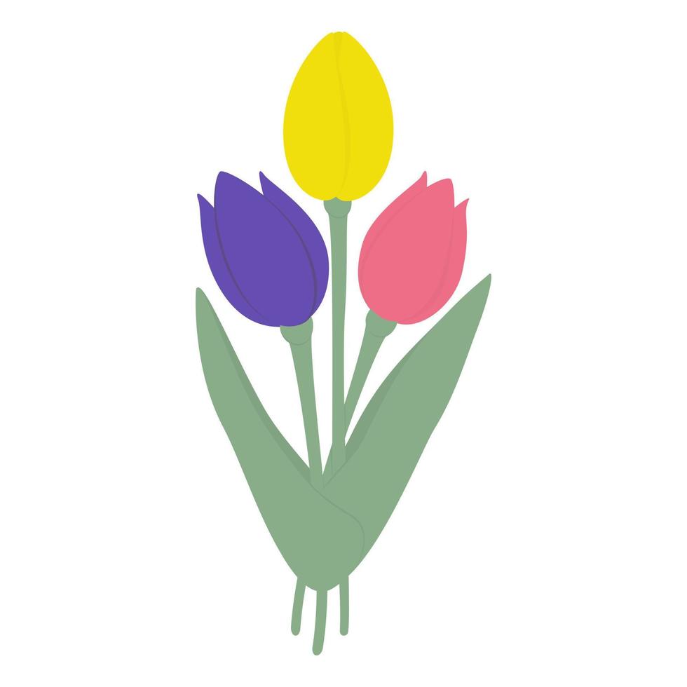 Blumenstrauß aus 3 blühenden bunten Tulpenblumen im Cartoon-Stil in trendigen hellen Farbtönen. Aufkleber. Symbol vektor