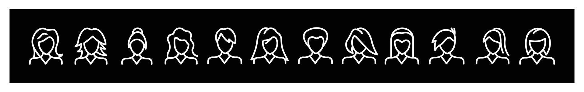 Menschen Avatar Icon Set Frauen Frisur, Vektor flaches Symbol als weibliches Illustrationsdesign, Symbole für Design auf schwarzem Hintergrund
