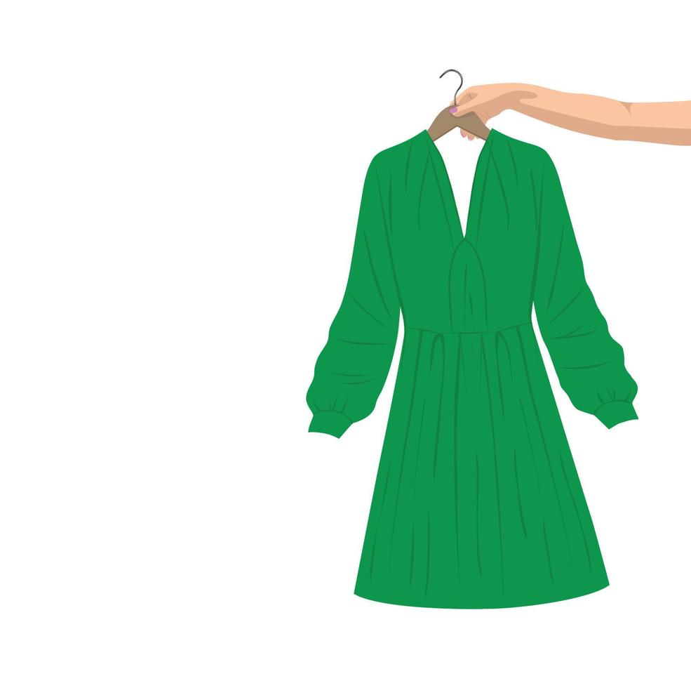 Die Hand einer Frau hält ein Kleid auf einem Kleiderbügel. vektorillustration im flachen stil. vektor