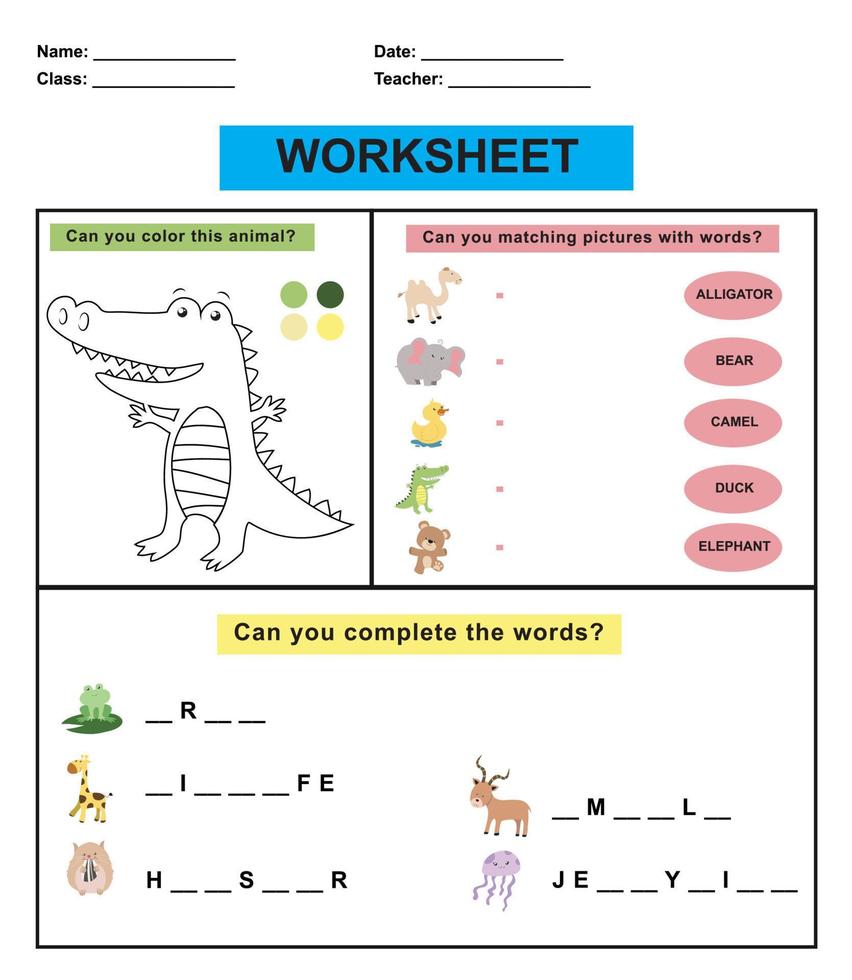 kinderarbeitsblatt mit tierthema. pädagogisches Aktivitätsblatt für Kinder im Vorschulalter. Ausmalen, passende Bilder und Tiernamen schreiben. Vektor-Illustration. vektor