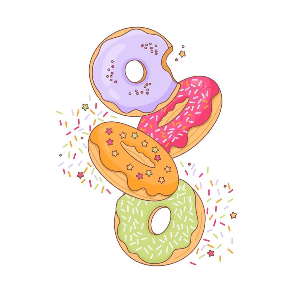 satz bunte donuts der karikatur lokalisiert auf weißem hintergrund. Donuts mit verschiedenen Arten von Zuckerguss und Toppings. Vektor-Illustration. vektor