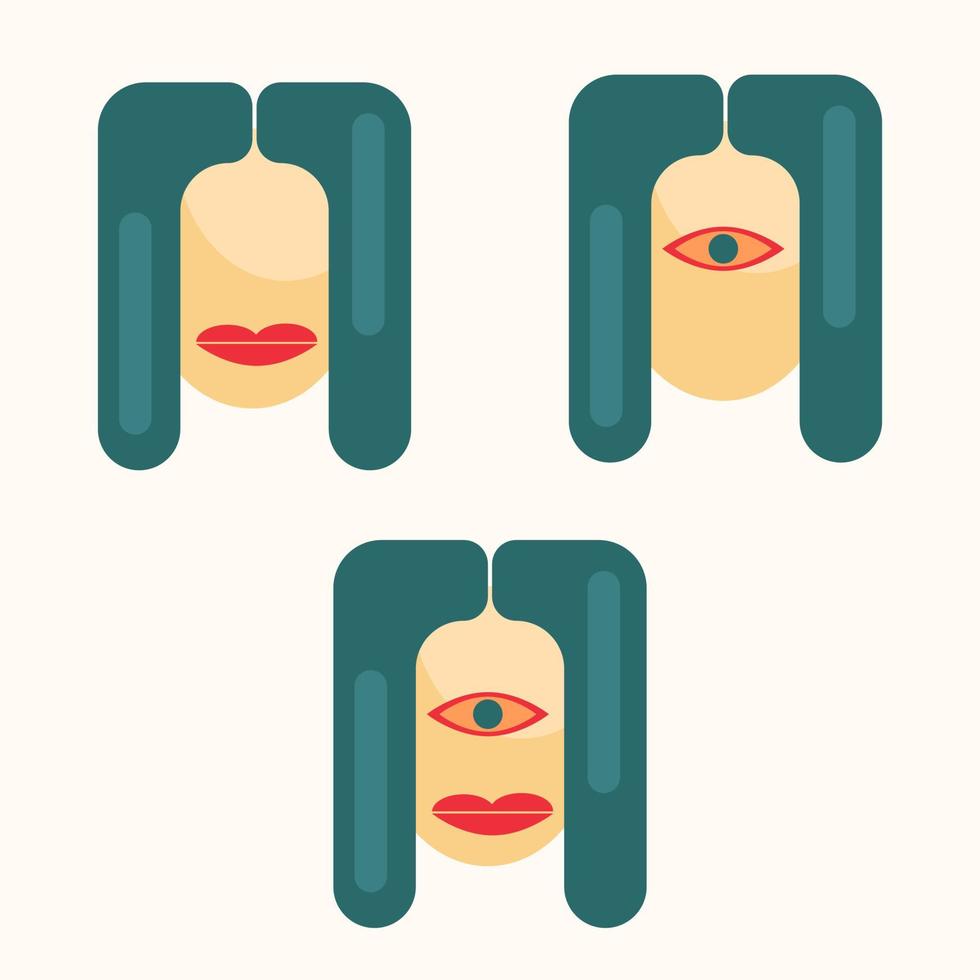 drei Arten von abstrakten Gesichtern mit großen Augen und Lippen vektor