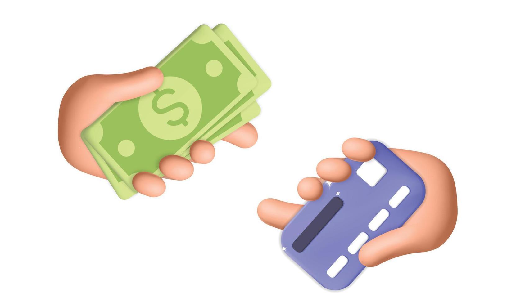 3D-Vektorkarikatur übertragen Hände halten Dollarscheinbanknote und Kreditkartensymbolwechselgeld-Designillustration vektor