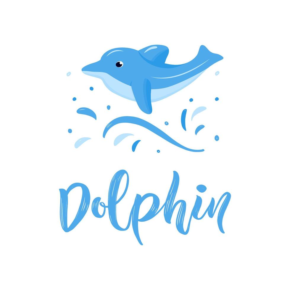 delfin Hoppar i vatten stänk. hand textur text. vektor illustration. som logotyp för barn affär, leksak Lagra, skriva ut, bild för barn bok. vatten- djur. vilda djur och växter. hav, hav liv. isolerat
