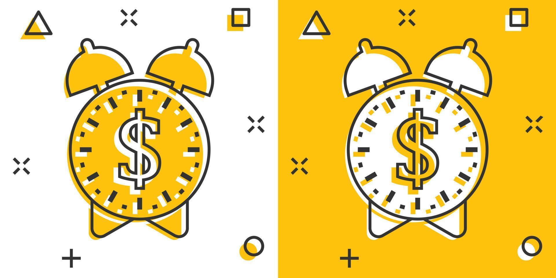 tid är pengar ikon i komisk stil. klocka med dollar tecknad serie vektor illustration på vit isolerat bakgrund. valuta stänk effekt företag begrepp.