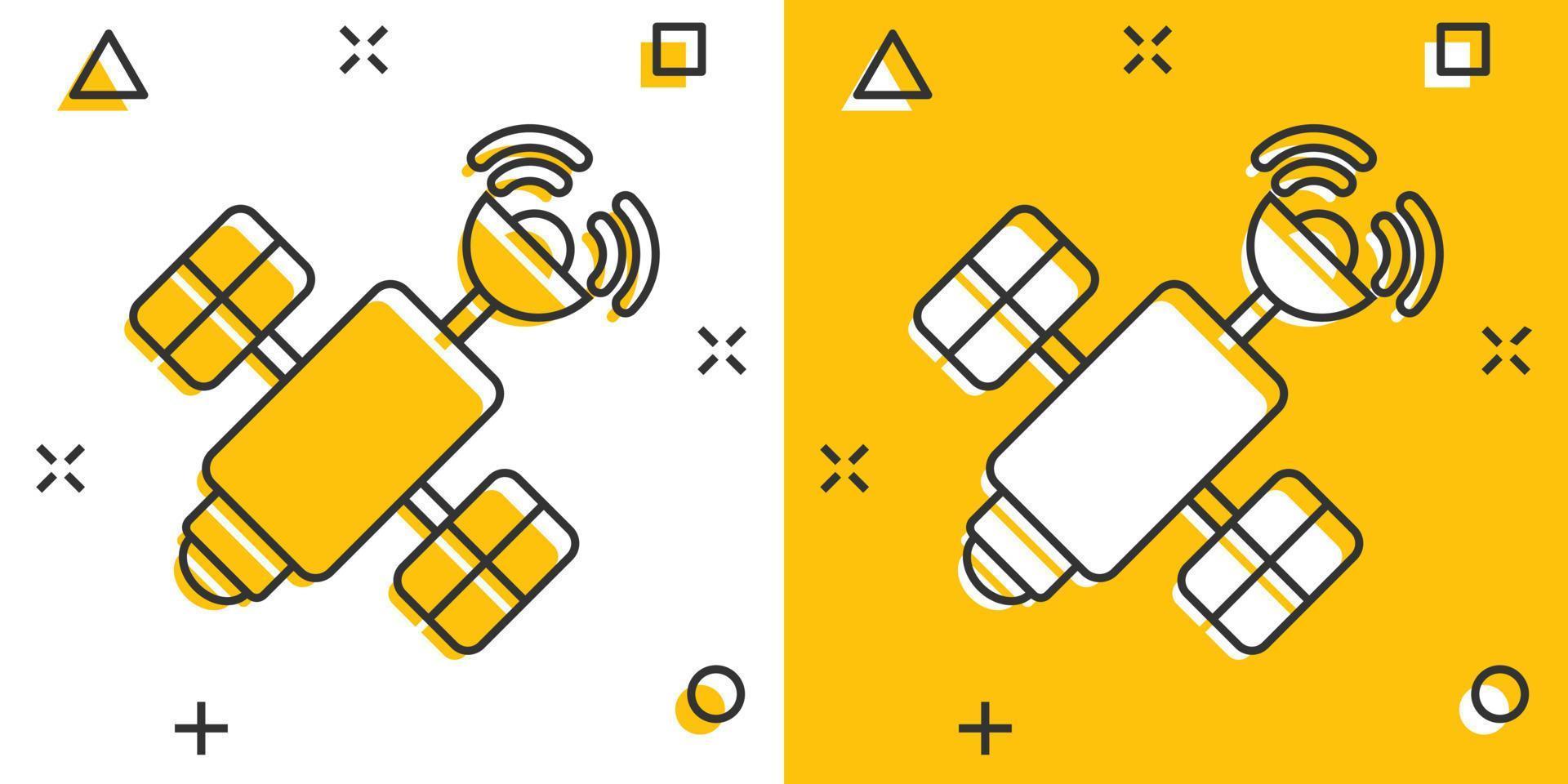 satellit ikon i komisk stil. sputnik tecknad serie vektor illustration på vit isolerat bakgrund. Plats transport stänk effekt tecken företag begrepp.