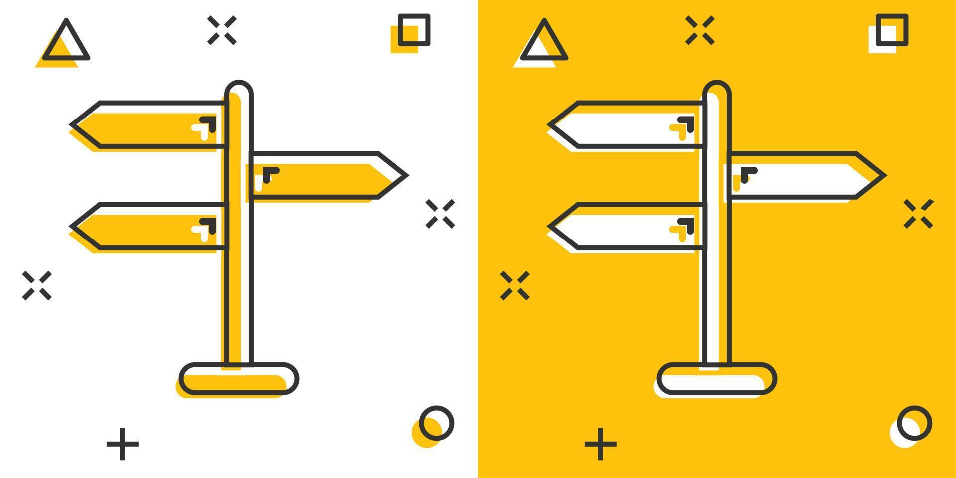 Kreuzung Wegweiser-Symbol im Comic-Stil. Straßenrichtungskarikatur-Vektorillustration auf weißem lokalisiertem Hintergrund. roadsign Splash-Effekt-Geschäftskonzept. vektor