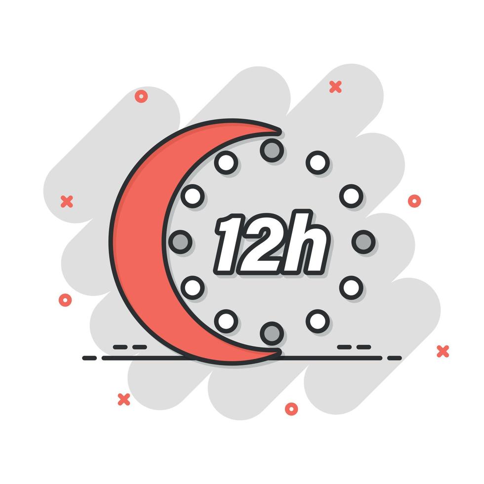 12-Stunden-Uhr-Symbol im Comic-Stil. Timer-Countdown-Cartoon-Vektorillustration auf isoliertem Hintergrund. Zeit Maßnahme Spritzeffekt Zeichen Geschäftskonzept. vektor