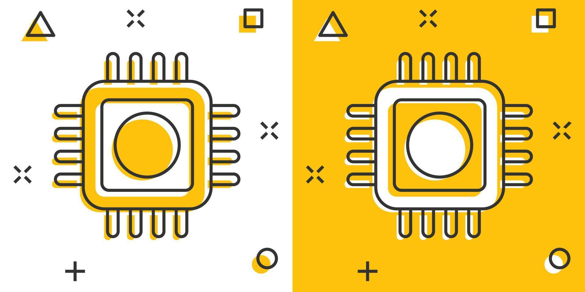 dator cpu ikon i komisk stil. krets styrelse tecknad serie vektor illustration på vit isolerat bakgrund. moderkort chip stänk effekt företag begrepp.