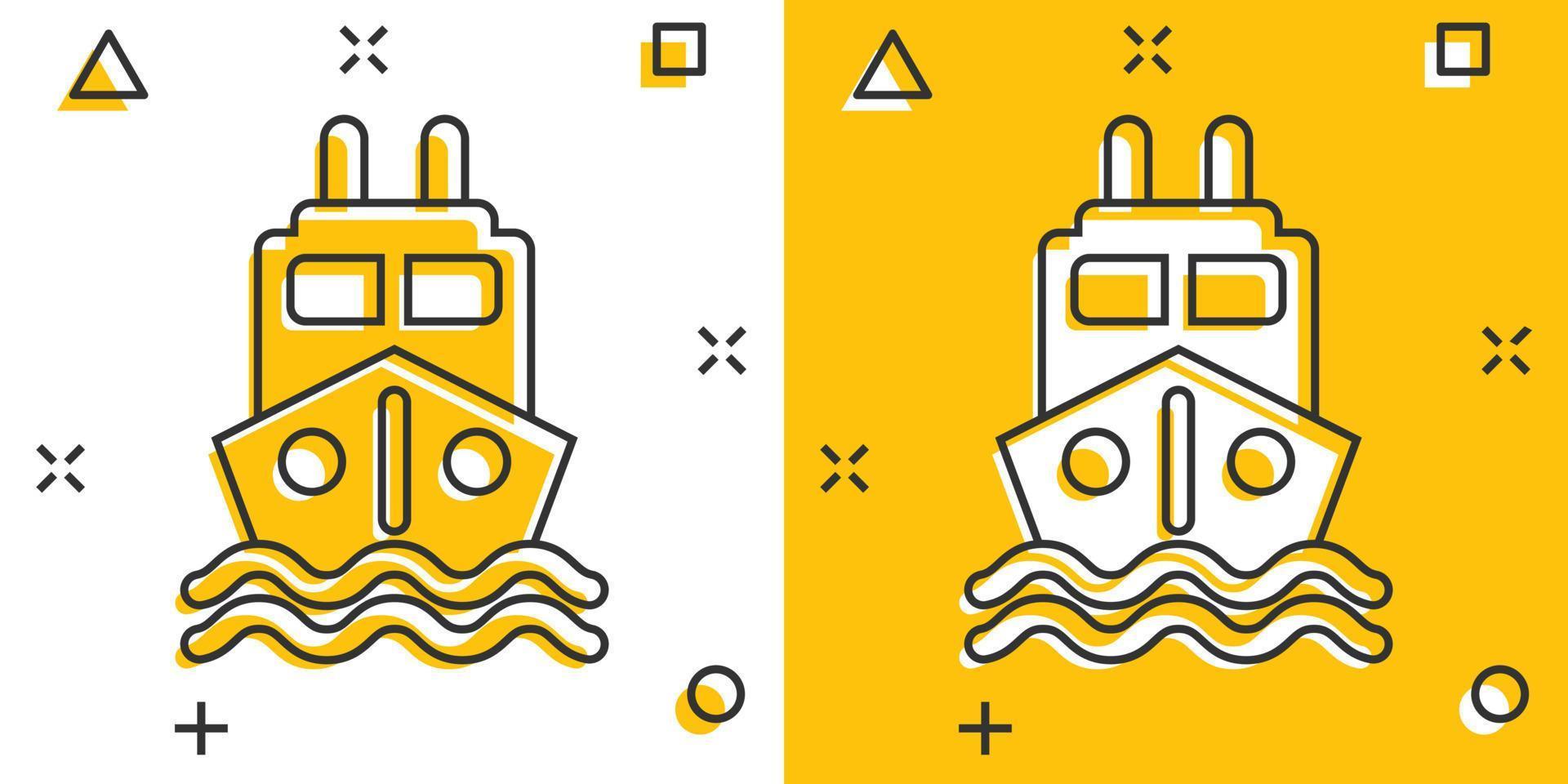 Tourismusschiff-Symbol im Comic-Stil. Fischerboot-Cartoon-Vektorillustration auf weißem, isoliertem Hintergrund. Geschäftskonzept für Tanker mit Splash-Effekt. vektor