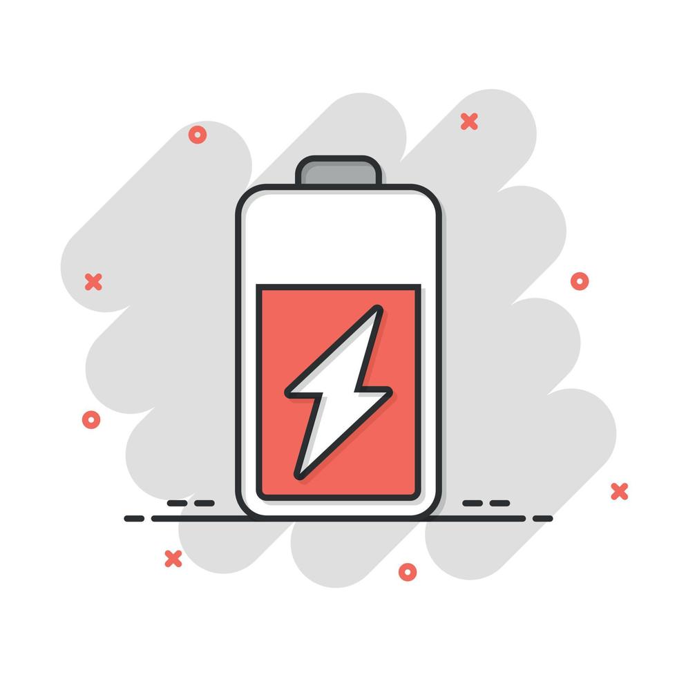 Batteriesymbol im Comic-Stil. Akkumulatorkarikatur-Vektorillustration auf weißem lokalisiertem Hintergrund. Geschäftskonzept mit Splash-Effekt für das Energieladegerät. vektor