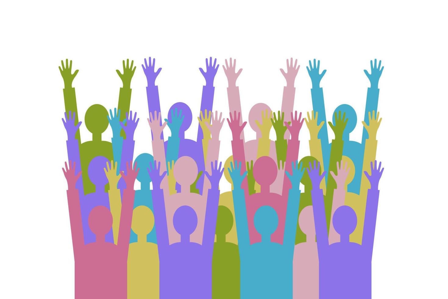 menschen, team, menge. eine gruppe von menschen unterschiedlicher farben mit erhobenen händen als symbol für freude, einheit, protest, stärke, sieg, erfolg. isolierter hintergrund vektor