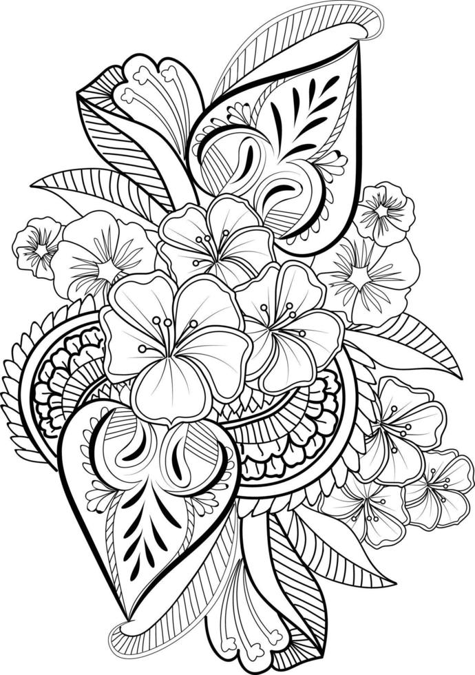 blommor färg bok, vektor skiss av klotter blommor, hand dragen zen klotter dekorativ tatuering, samling av botanisk blad knopp illustration graverat bläck konst stil.