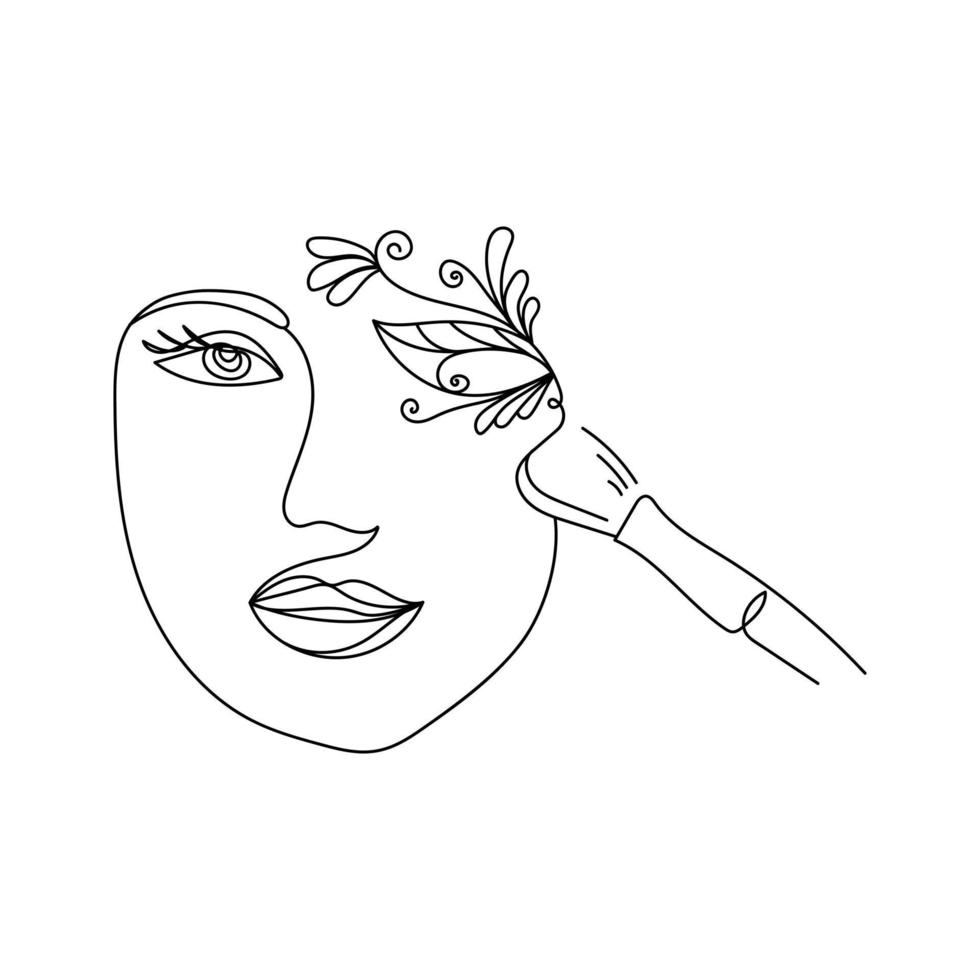 stilisiertes Porträt eines Mädchens, Linienkunstgesicht mit Locken, floralen Motiven und einem Make-up-Pinsel vektor
