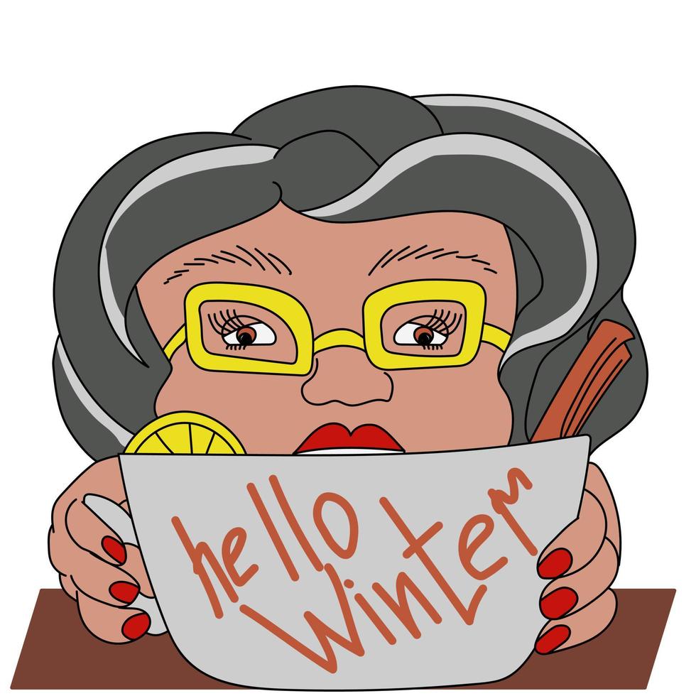 äldre lady med en kopp av varm dryck med citron- och kanel, elegant mormor i glasögon drycker te, kvinna med grå hår i henne hår vektor