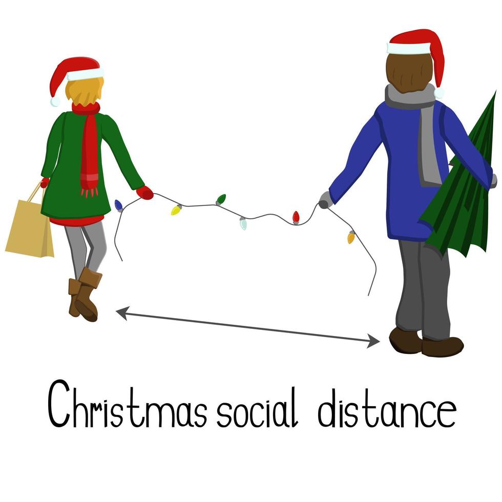 Demonstration sozialer Distanzierung in Weihnachtsutensilien, Abstand haltende Einkaufspaare, Weihnachtseinkäufe und lange Girlanden vektor