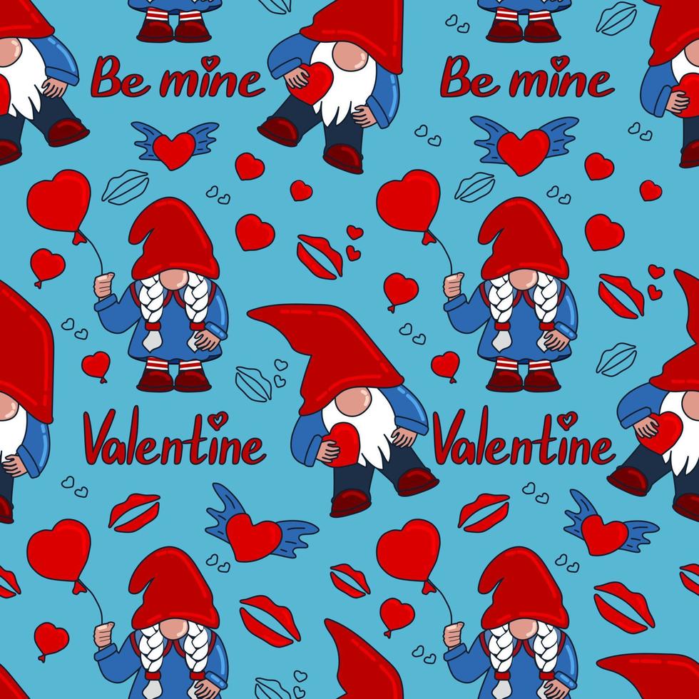 romantisk valentines sömlös mönster med gnome Pojkar och tjejer, hjärtan, kyssar, citat och ballonger på blå bakgrund. platt retro vektor mönster. bäst för omslag, dekoration och bakgrund