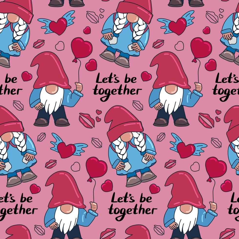 romantisk valentines sömlös mönster med gnome Pojkar och tjejer, hjärtan, kyssar, citat och ballonger på magenta bakgrund. platt retro vektor mönster. bäst för omslag, dekoration och bakgrund