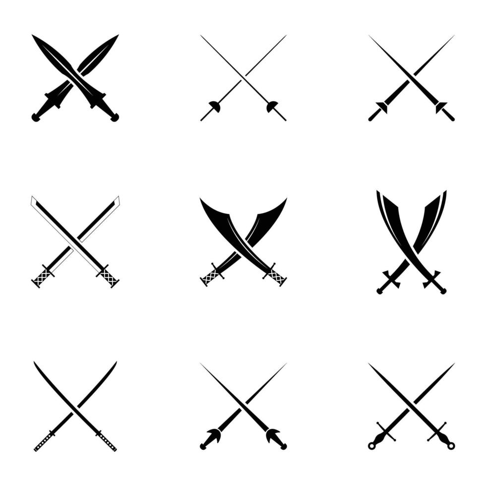 Schwerter gesetzt. sammlung von gekreuzten ritterschwertern alter waffensilhouetten design vektor