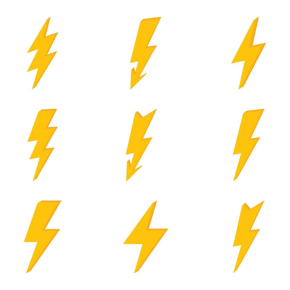 Blitz eingestellt. flache gelbe blitz- oder donnerkeilsammlung vektor
