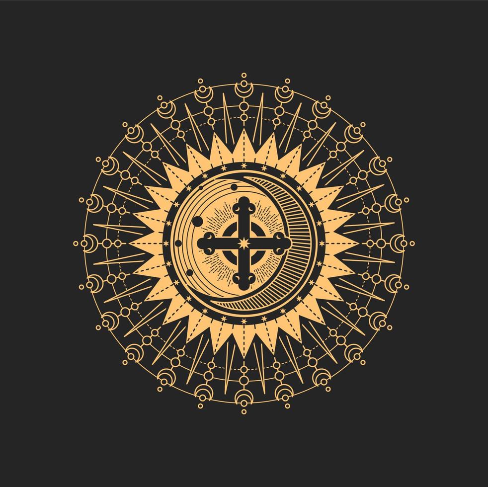 esoterisches okkultes symbol des mächtigen kreuzes in der sonne vektor