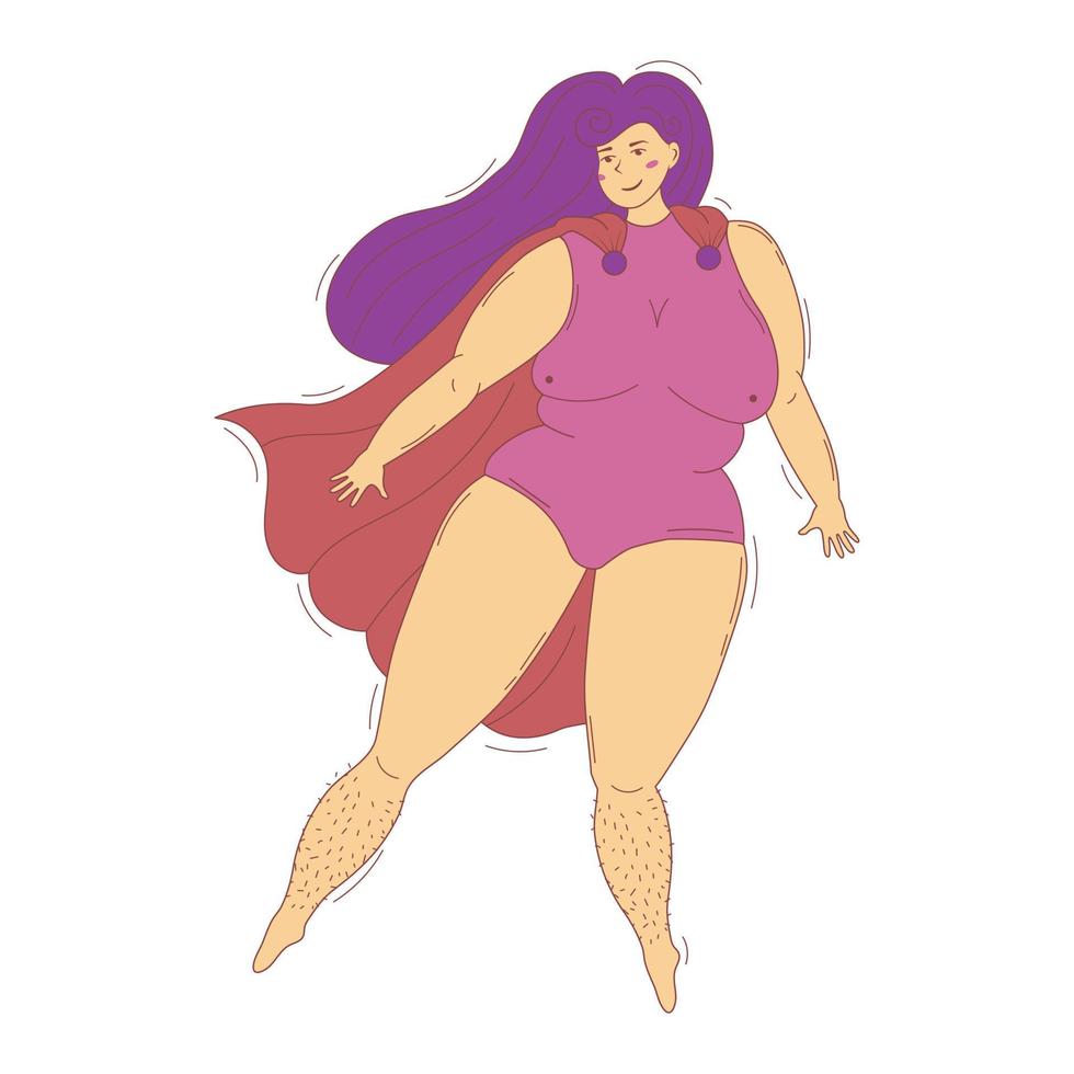 Fröhliche übergewichtige Plus-Size-Frau im Superheldenkostüm mit Umhang gegen Fettphobie, Unterstützung für Körperpositivitätsbewegung und Frauenrechte vektor