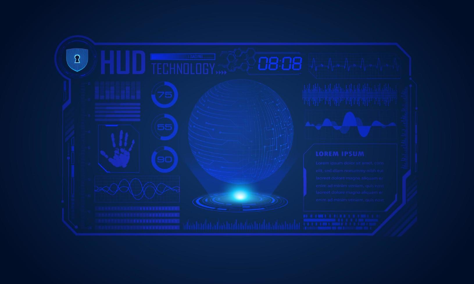 modern hud teknologi skärm bakgrund med blå klot vektor