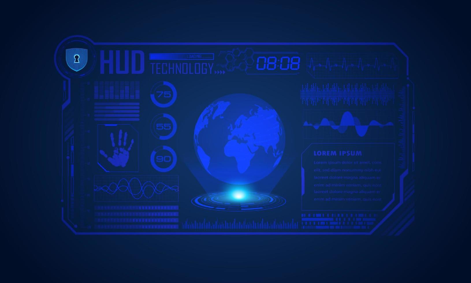 moderner hud-technologie-bildschirmhintergrund mit blauem globus vektor