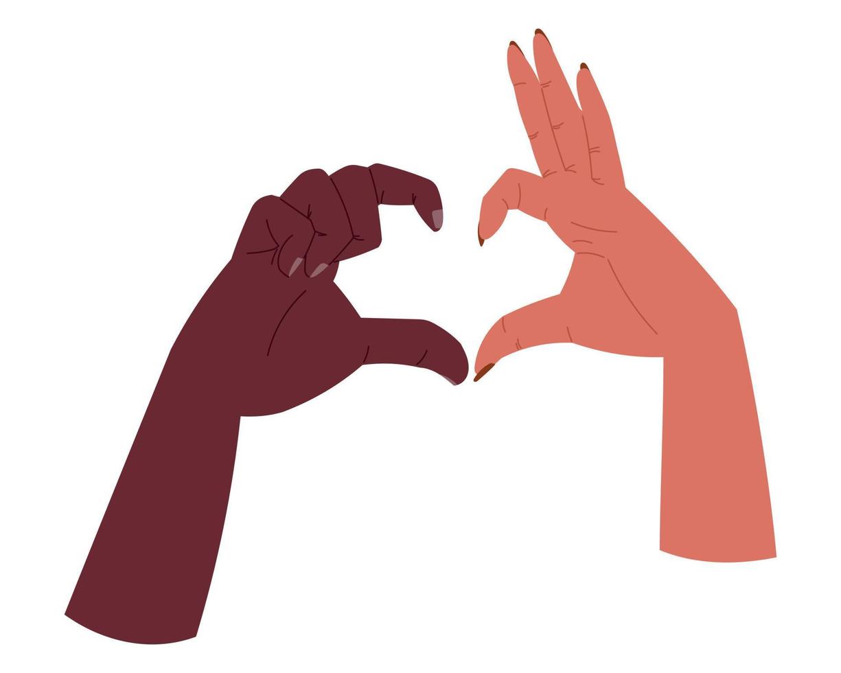 Hände von ein paar Leuten, die mit ihren Fingern Herzform machen. vektor isolierte flache illustration.