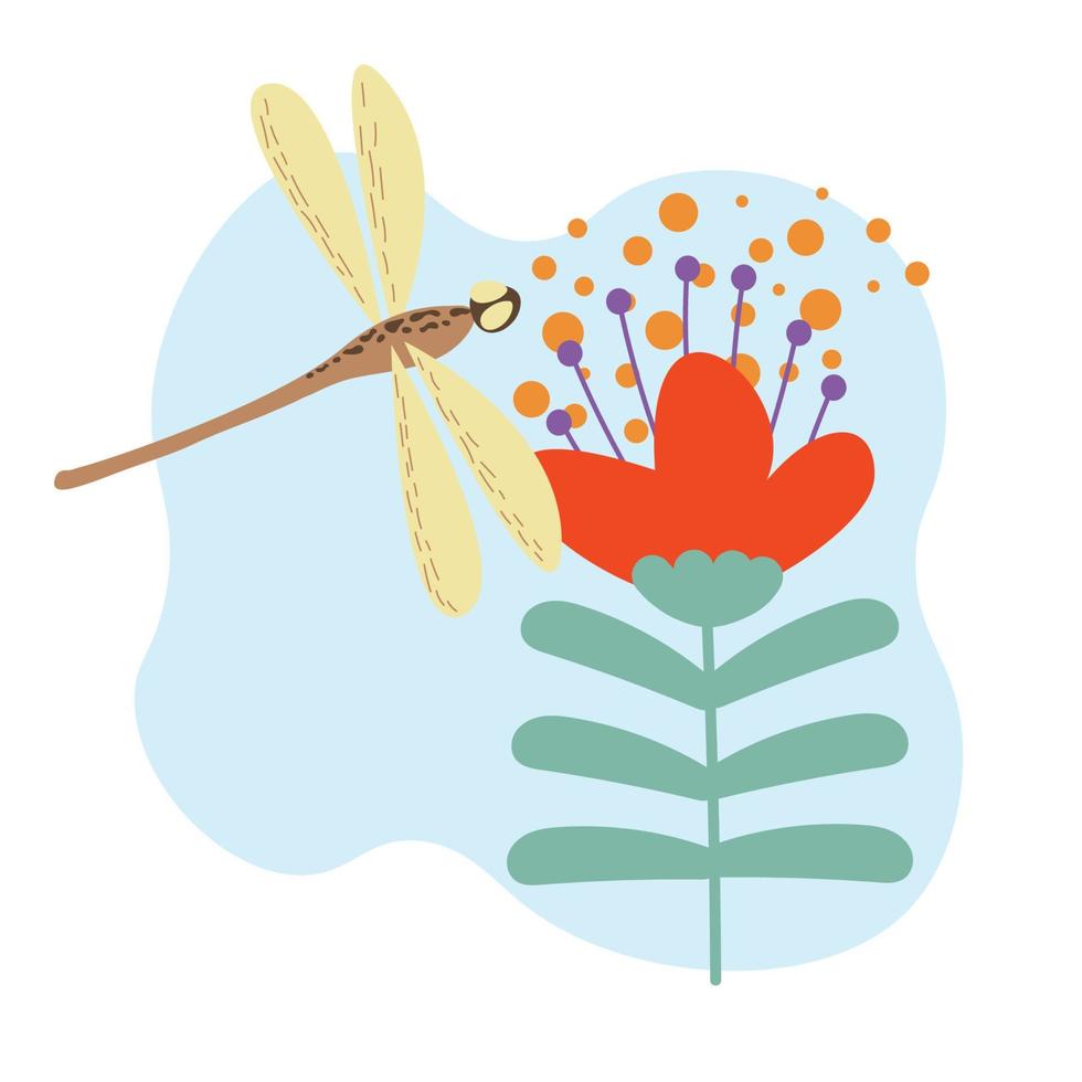 gezeichnetes Bild mit einer Libelle und einer Blume. Illustration für einen Aufkleber. Frühling. vektor