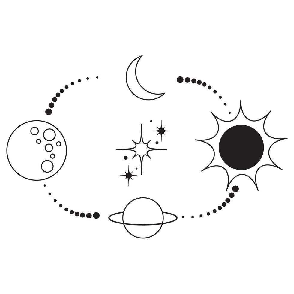 magi boho tatuering med stjärnor, måne, planet, Sol, punkt. mystiker hand dragen geometrisk illustration. bohemisk design. esoterisk logotyp ikon med stjärnor systemet vektor