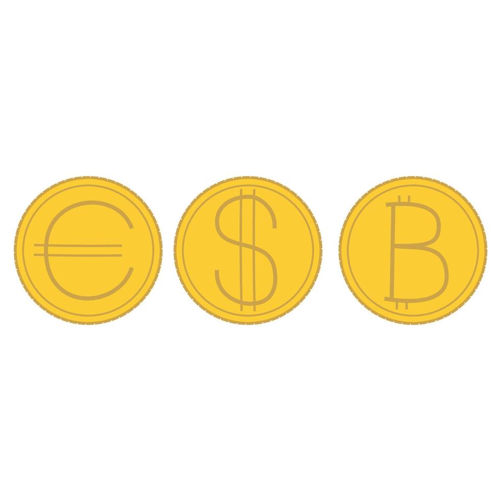 Metallmünzen von Euro, Dollar und Bitcoin auf weißem Hintergrund. Geld-Vektor-Illustration. vektor