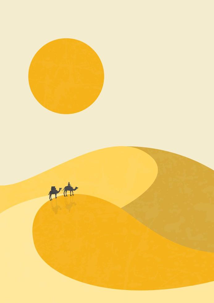 Wüstenlandschaft, Kamele auf Dünenillustration. erdtöne, gebranntes orange, beige farben. Boho-Wanddekoration. Moderner minimalistischer Kunstdruck der Mitte des Jahrhunderts. organische Form vektor