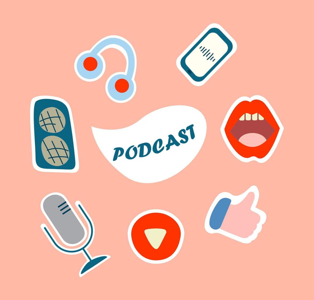 podcast rundes abzeichen mit handgeschriebener beschriftung und dekoration vektor