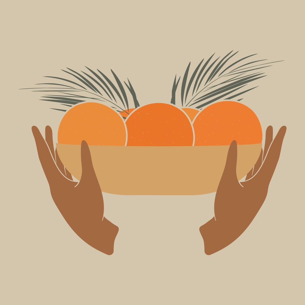 fyrkant konst med kvinna händer och frukter. skål med apelsiner och svart kvinna. bra design för social media, vykort, skriva ut. vektor