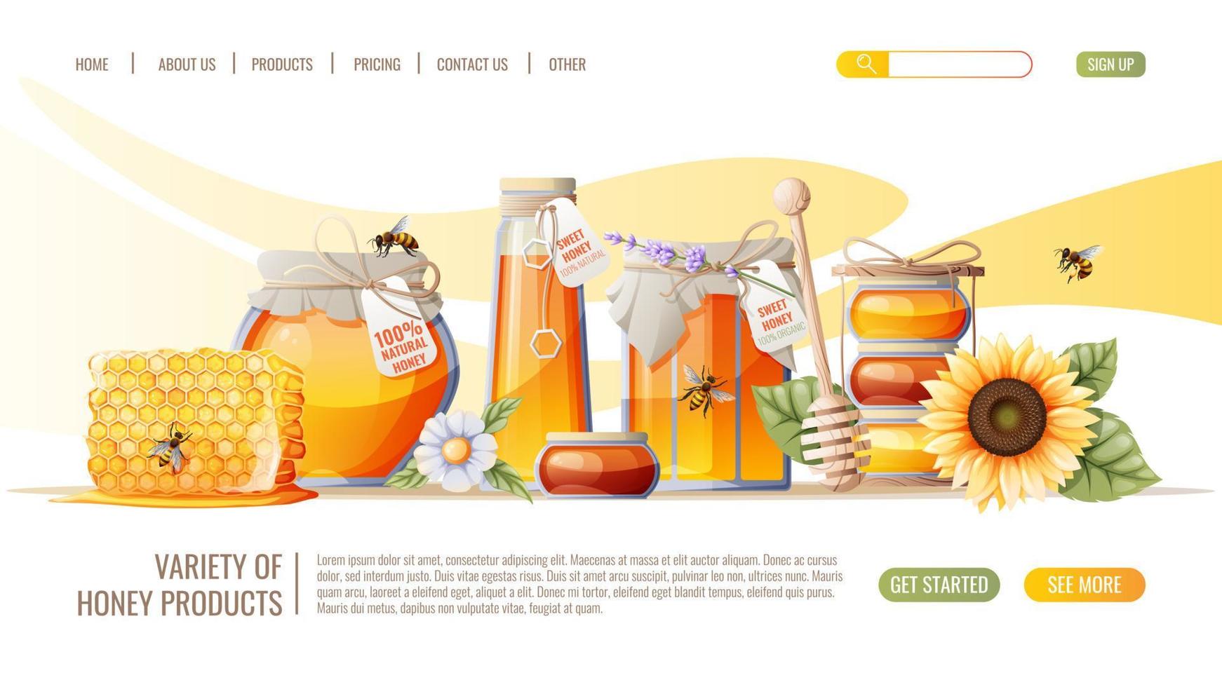 honung Produkter. honungskakor, burk av honung, bin. honung affär webbsida design mall. vektor illustration för baner, annons, webb sida, omslag
