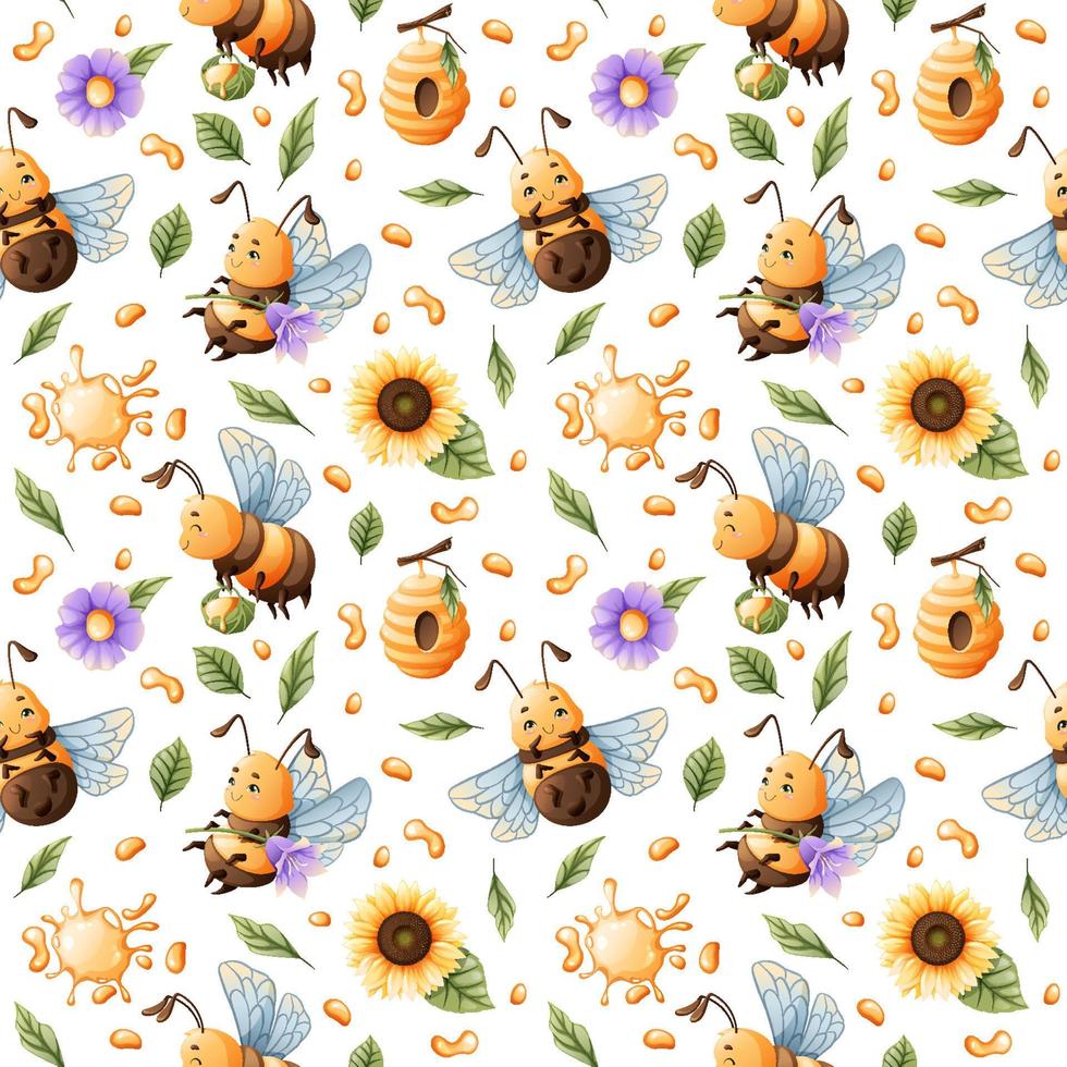 Vektornahtloses Muster mit niedlichen Bienen, Honig und Blumen. ideal für Textilien, Tapeten, Hintergründe vektor