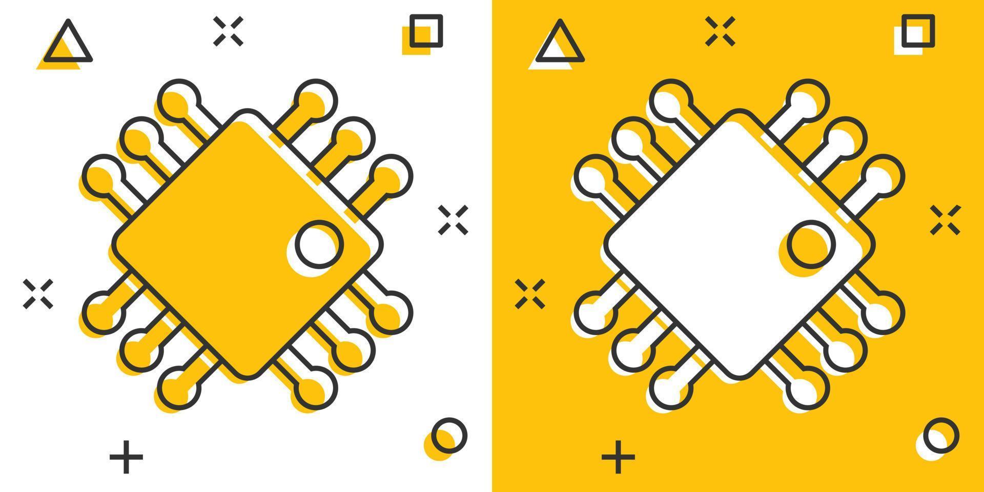 Computer-CPU-Symbol im Comic-Stil. Leiterplatte Cartoon-Vektor-Illustration auf weißem Hintergrund isoliert. Motherboard-Chip-Splash-Effekt-Geschäftskonzept. vektor