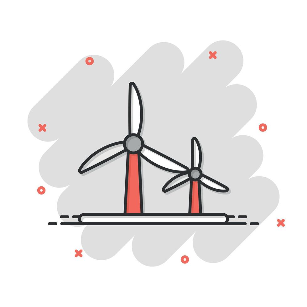 Windkraftwerk-Symbol im Comic-Stil. Turbinen-Cartoon-Vektorillustration auf weißem, isoliertem Hintergrund. Air Energy Splash Effekt Zeichen Geschäftskonzept. vektor