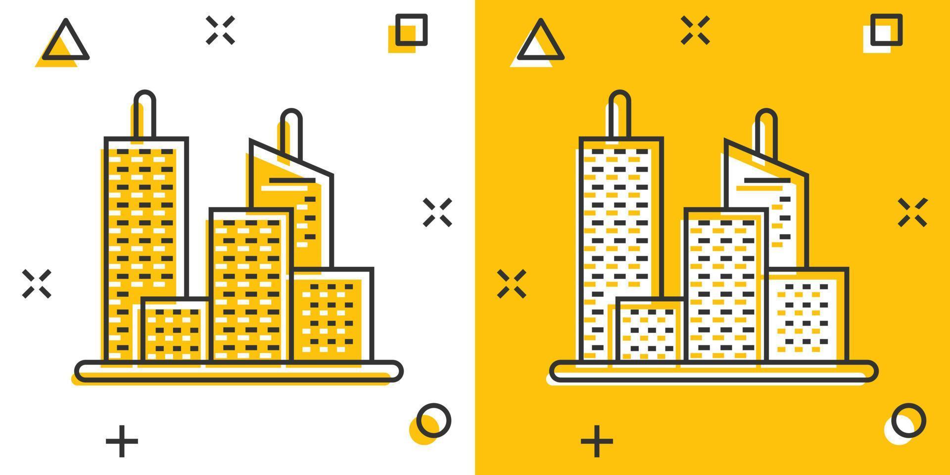 Gebäude-Ikone im Comic-Stil. stadtwolkenkratzerwohnungskarikaturvektorillustration auf weißem lokalisiertem hintergrund. City Tower Splash-Effekt-Geschäftskonzept. vektor