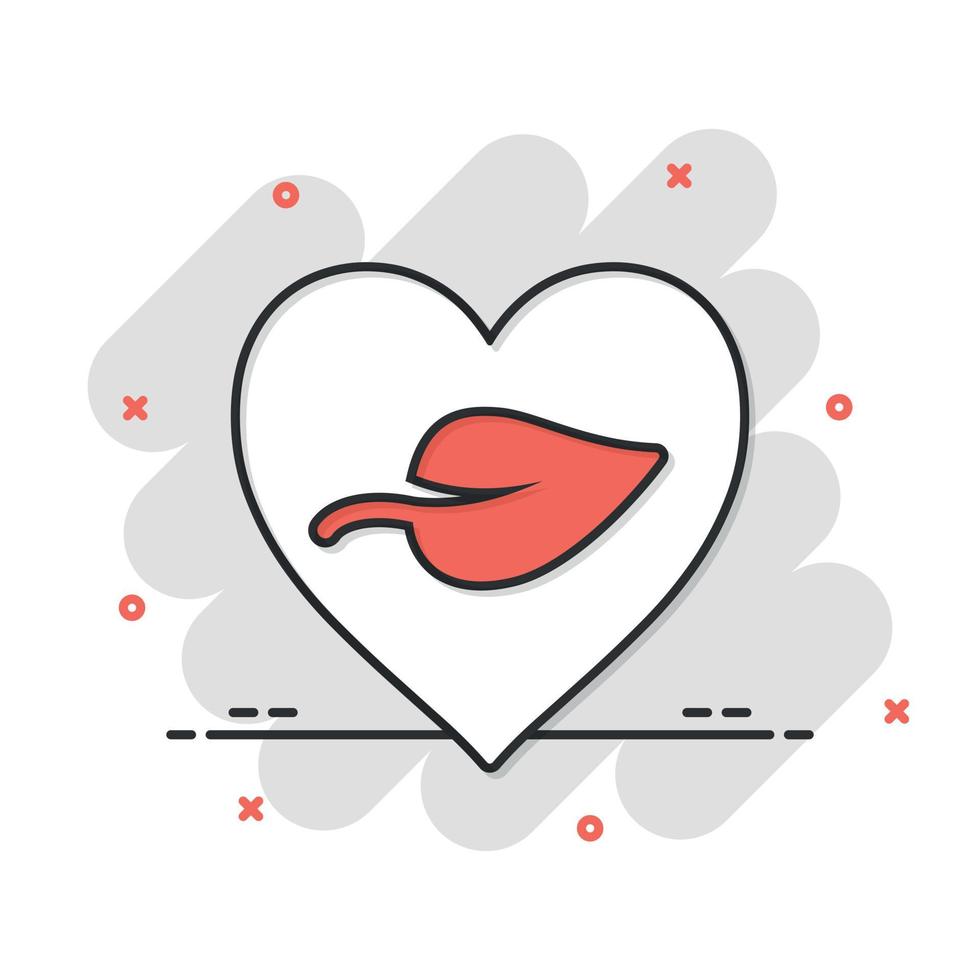 Herz- und Blattsymbol im Comic-Stil. vegane freundliche Cartoon-Vektorillustration auf weißem, isoliertem Hintergrund. Natur Liebe Spritzeffekt Zeichen Geschäftskonzept. vektor