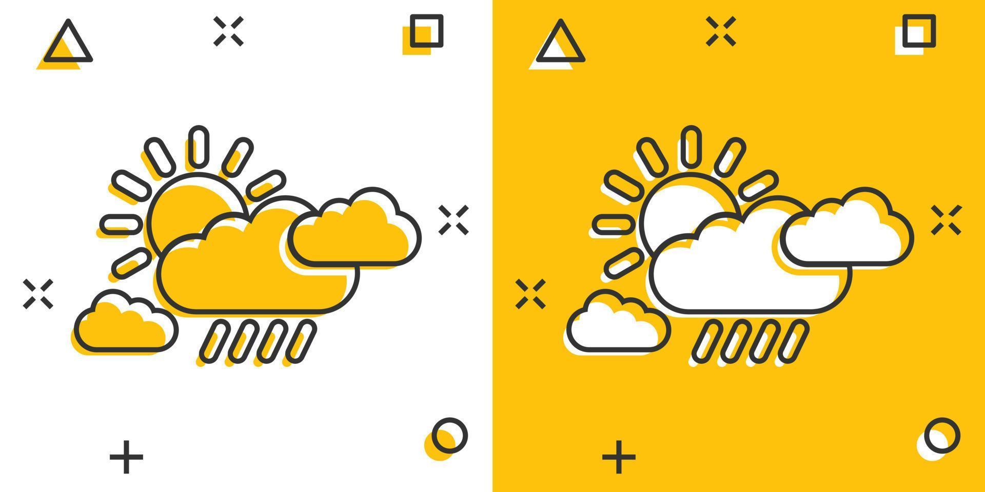 väder ikon i komisk stil. Sol, moln och regn tecknad serie vektor illustration på vit isolerat bakgrund. meteorologi stänk effekt tecken företag begrepp.