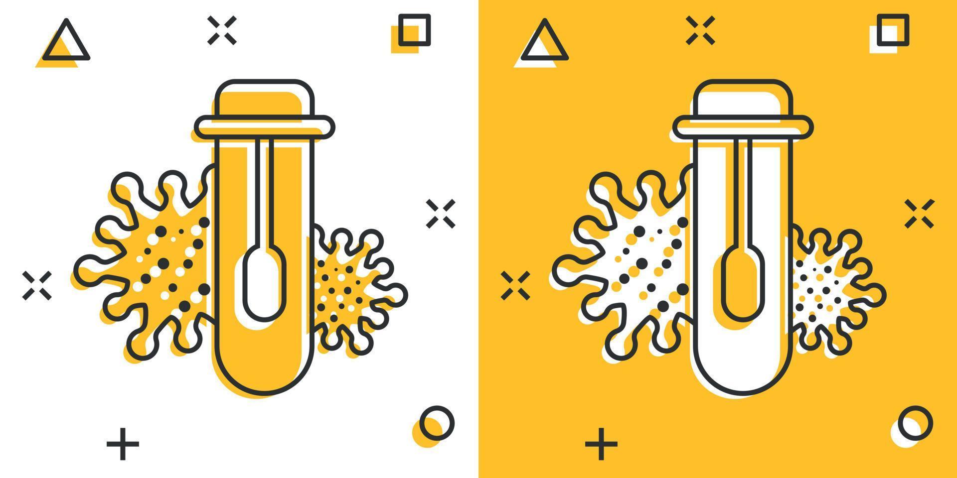 Coronavirus-Testsymbol im Comic-Stil. Covid-19 Cartoon-Vektorillustration auf isoliertem Hintergrund. Geschäftskonzept für medizinische diagnostische Splash-Effekt-Zeichen. vektor