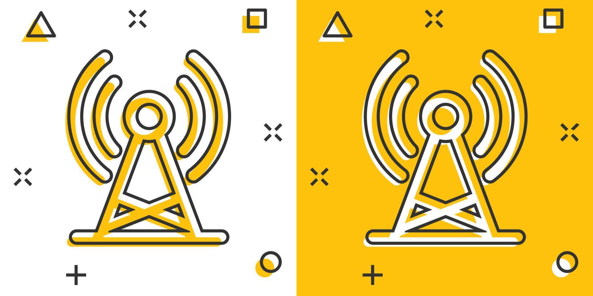 Antennenturm-Symbol im Comic-Stil. Rundfunk Cartoon-Vektor-Illustration auf weißem Hintergrund isoliert. Geschäftskonzept mit Wifi-Splash-Effekt. vektor