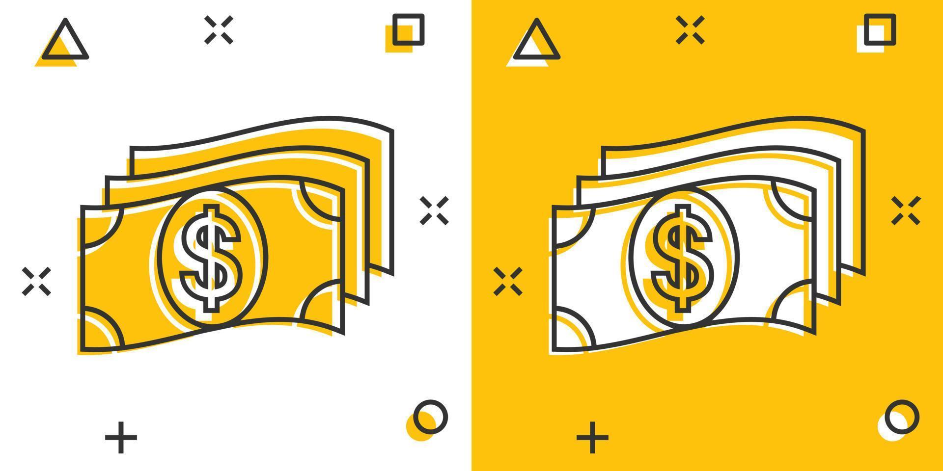 Geldstapel-Symbol im Comic-Stil. Tauschen Sie Bargeldkarikatur-Vektorillustration auf weißem lokalisiertem Hintergrund aus. banknote bill splash effekt geschäftskonzept. vektor